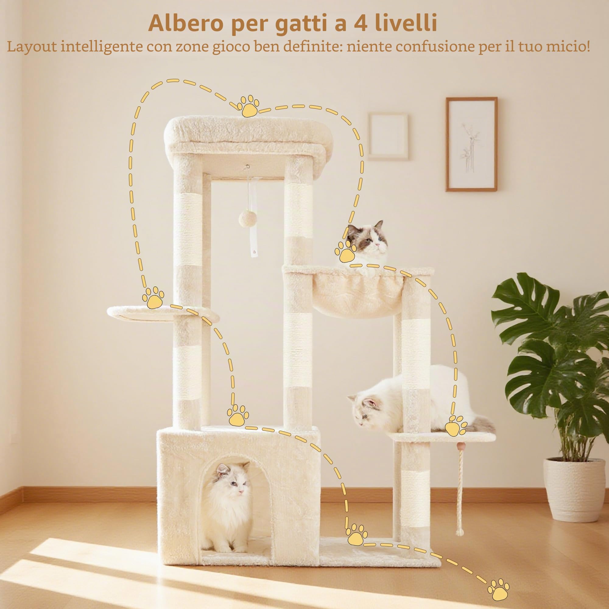 Heybly Tiragraffi per Gatti, 120cm Torre Alta Interna per Gatti Adulti, con Ampia Base e Casa Appartamento, Mobili Morbidi Multilivello con Graffiatoio, Amaca, Pallina da Gioco, Beige HCT026M