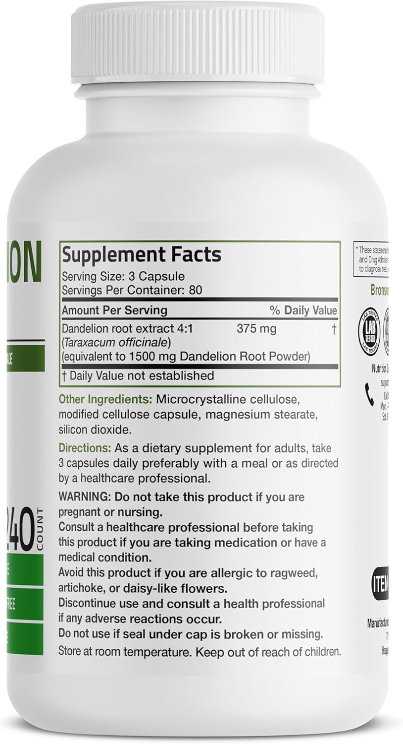 Bronson Dandelion Extract High Potency Supplement, Supports Overall Good Health & Well-Being, Traditional Diuretic Herb - Non-GMO, 240 Vegetarian Capsules - Image 2
