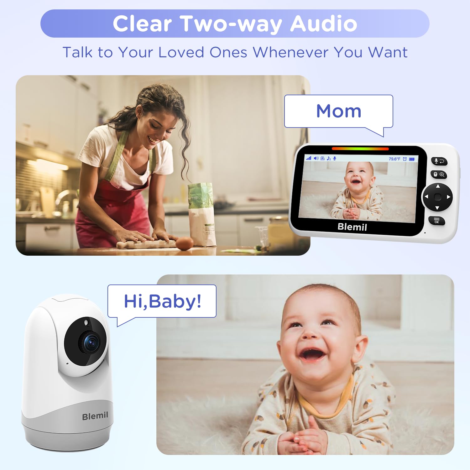Blemil Moniteur Bébé Vidéo 5'', Écran Partagé, Modèle Amélioré, sans WiFi | Babyphone caméra bébé, mode ECO, vision nocturne, PTZ à distance, interphone bidirectionnel et berceuses