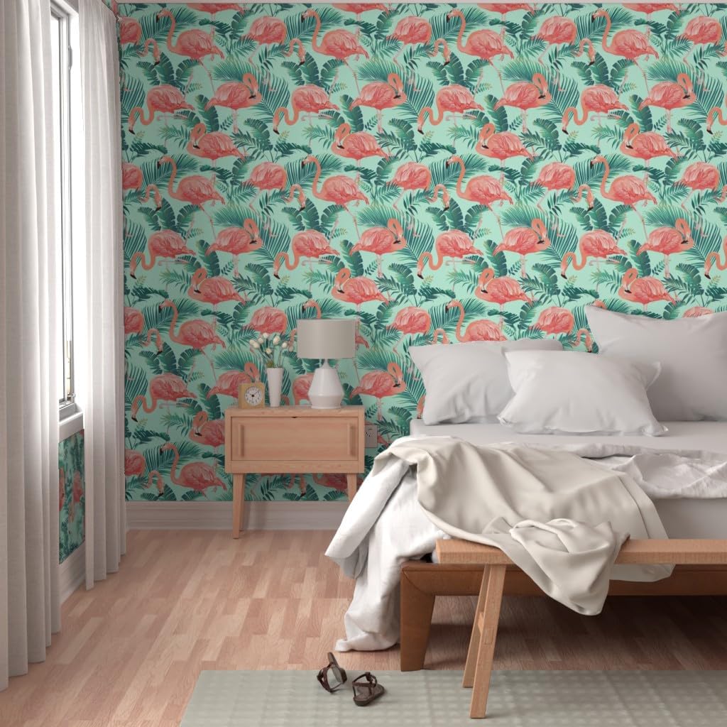 Peel & Stick Wallpaper 9ft x 2ft - Pink Flamingos Teal Tropical Birds Plants Flamingo Bird Jungle Mint Custom Removable Wallpaper by Spoonflower