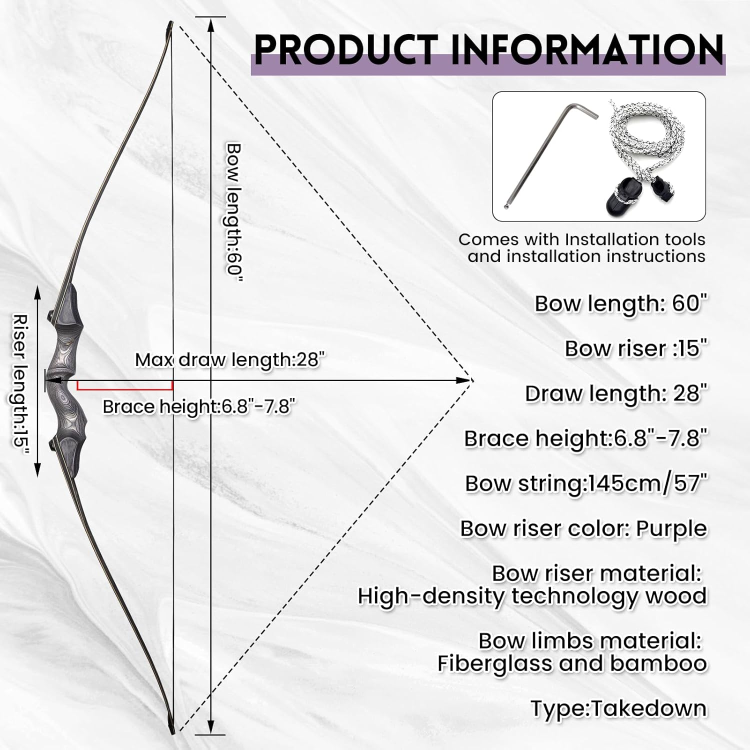 OBTOUTDOOR Archery Takedown Longbow 60inch 20lbs-60lbs Right Hand Traditional Wood Hunting Bows for Target Shooting Practice (20)