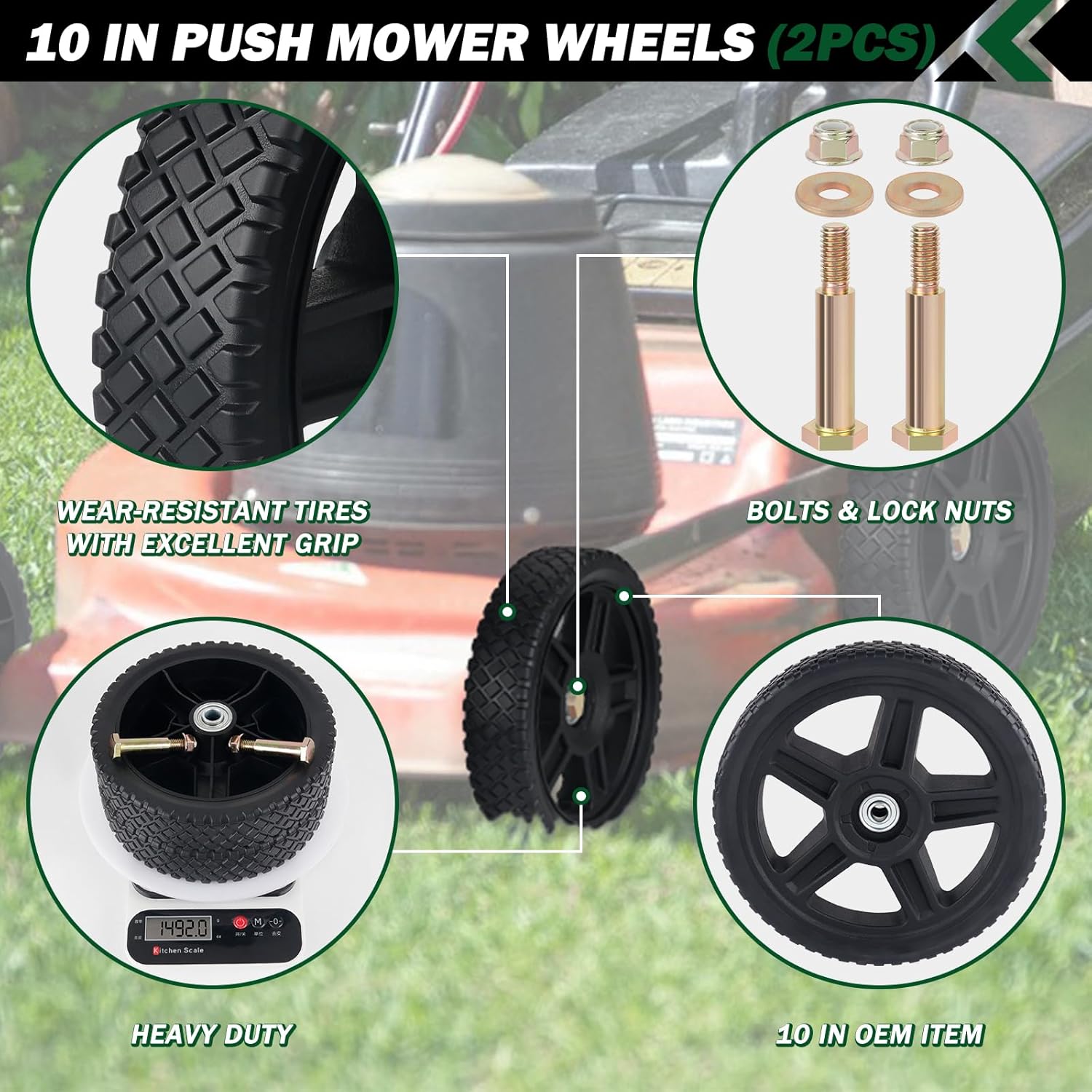 CheeMuii 10 Inch Lawn Mower Wheels 2 Pack 10" Push Mower Wheels with Bolts and Lock Nuts Kit Fit for Most Standard push Lawn Mowers/Generator/Garden Tiller/Handtruck