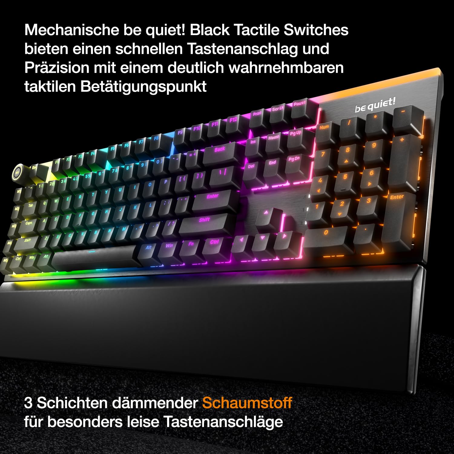 be quiet! Light Mount Mechanische Tastatur und Dark Perk Ergo Wireless Gaming Maus-Bundle, Leise Taktile Switches, ARGB-Beleuchtung, Leichte 55g, 32.000 DPI-Sensor, Bis zu 110 Stunden Akkulaufzeit