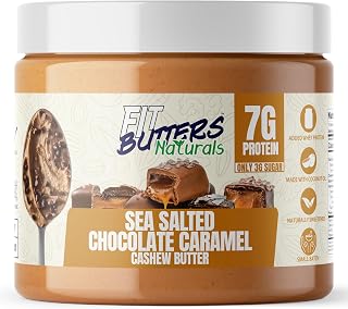 Fit Butters High Protein Naturally Sweetened Cashew Butter - Added Protein and Coconut Oil, Low Sugar, Complete Protein Dessert Flavored Natural Nut Butter (Sea Salted Chocolate Caramel)
