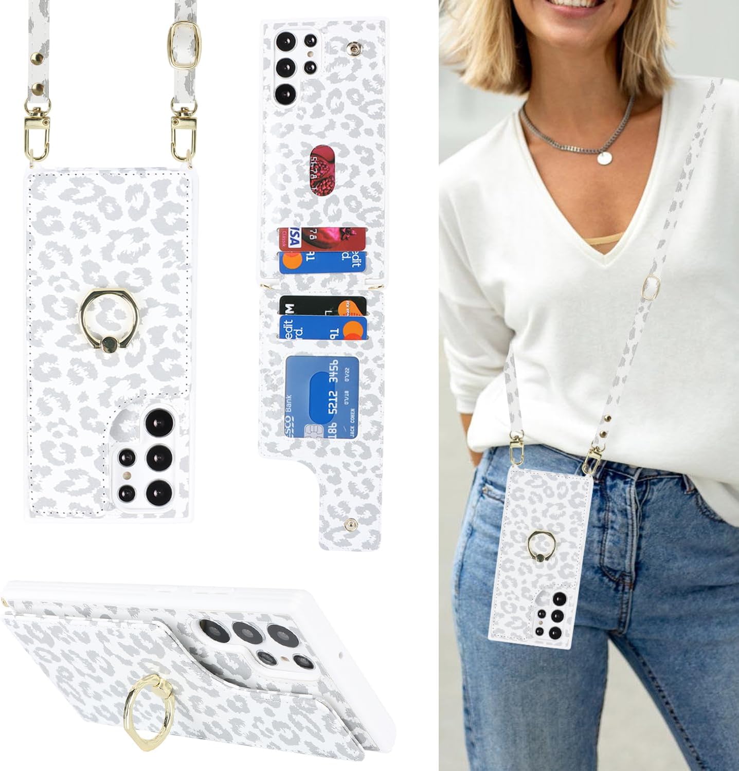 Lipvina for Samsung Galaxy S22 Ultra Case with Card Holder and Strap for Women,Crossbody Lanyard,RFID Blocking,Ring Stand,Snap Clasp,Cute Phone Wallet Cases 6.8 inch(White Leopard)