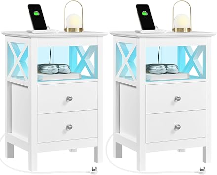 Yaheetech Set of 2 Farmhouse Bedside Tables with 2 Drawers, White