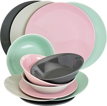 Tabletops Gallery 12 Piece Green Gray Pink Melamine Dinnerware Set Plates Bowls for Indoor Outdoor Use, Service for 4, Pastel