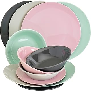 Tabletops Gallery 12 Piece Green Gray Pink Melamine Dinnerware Set Plates Bowls for Indoor Outdoor Use, Service for 4, Pastel