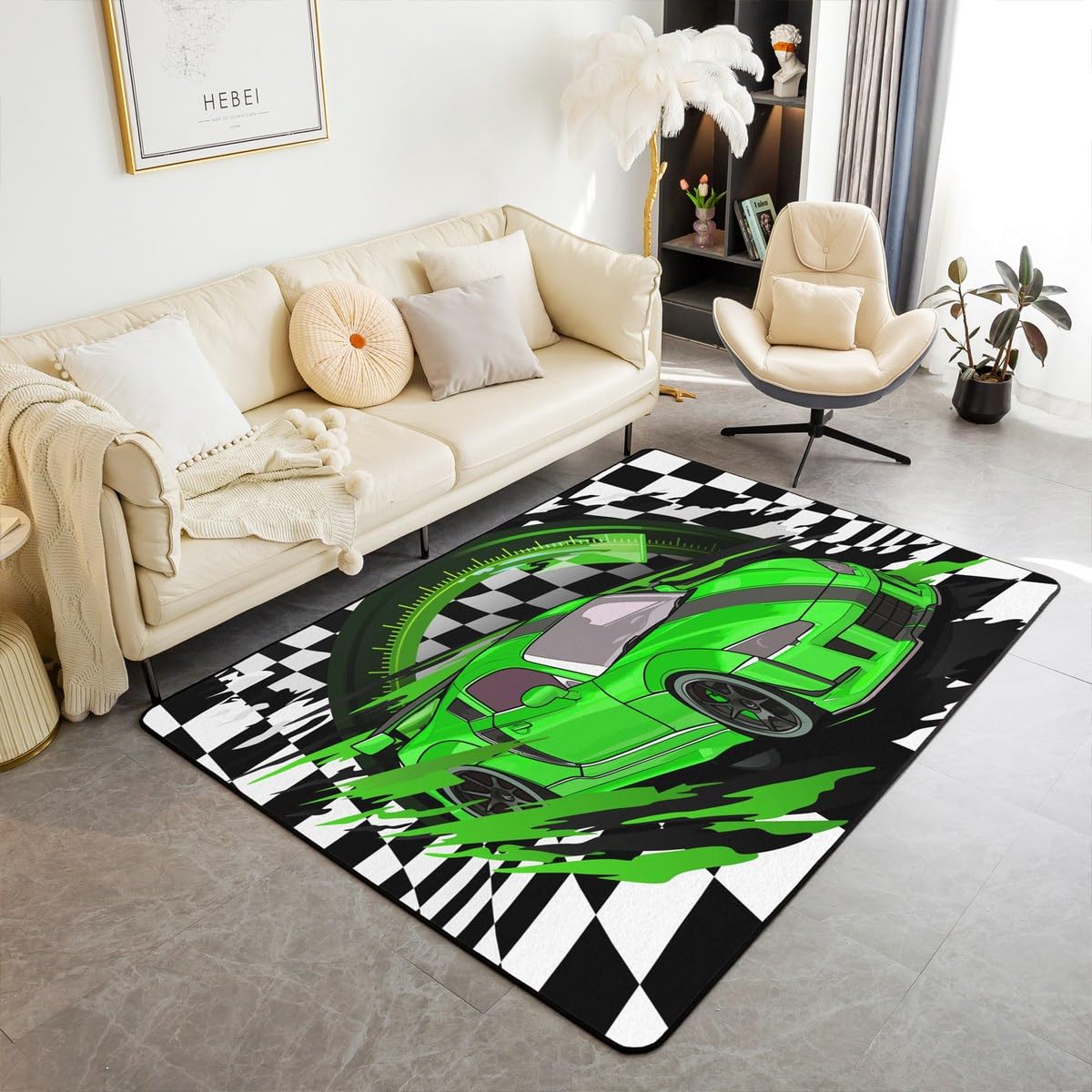 Green Sports Car Area Rug 5x7, Cool Race Car Rug, Kids Teens Extreme Sports Carpet Runner Non Slip, Black and White Grids Print Decorative Accent Rug