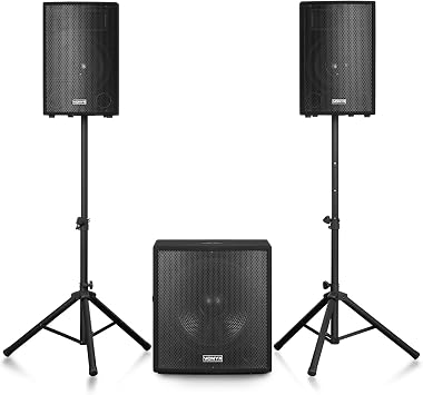 Vonyx VX1218BT DJ PA System Package with DB4 Pro DJ Booth & Plug-and-Play PartyBar2 Light, 1200W 2.1 Active Speakers, 18” Sub, Wireless Bluetooth PA, Professional Mobile DJ Setup