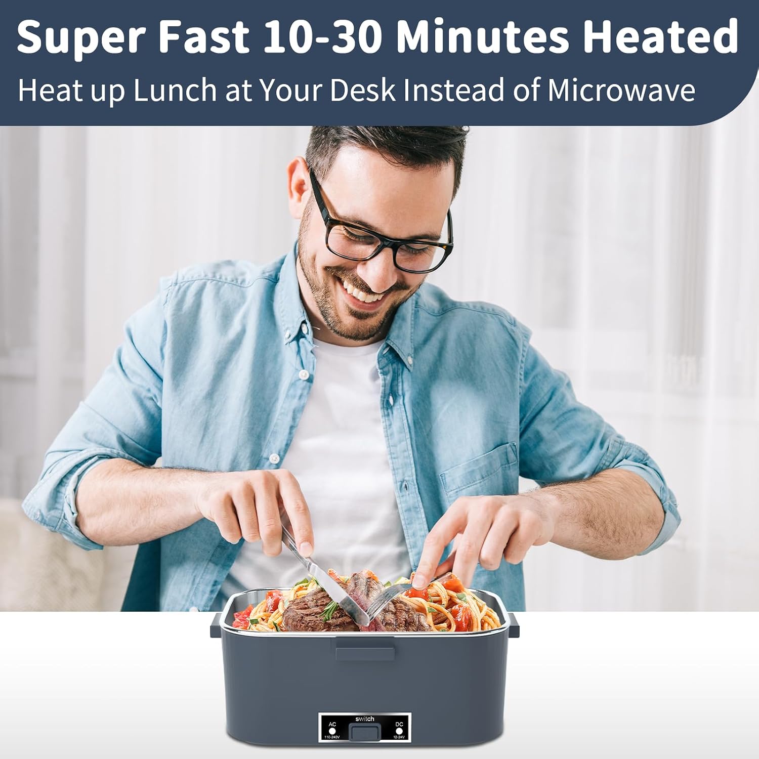 Electric Heated Lunch Box for Adults with 2 Pack 1.8L Containers, ON/OFF Power Switch & 0.6L Double Layer, Portable 100W 3-IN-1 Fast Heating Food Warmer for Men, ,12V/24V/110V for Car Truck Office