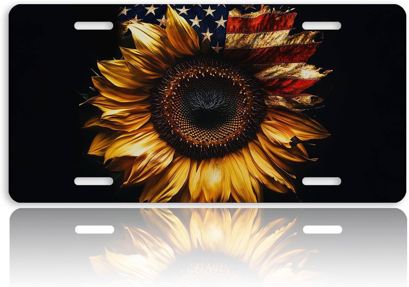 Sunflower Front License Plate for Women Patriotic American Flag Rustic Farmhouse Car Vanity Plates Decorative Aluminum Metal Cute Novelty License Plate Cover for Men 6x12 Inch (4 Holes)