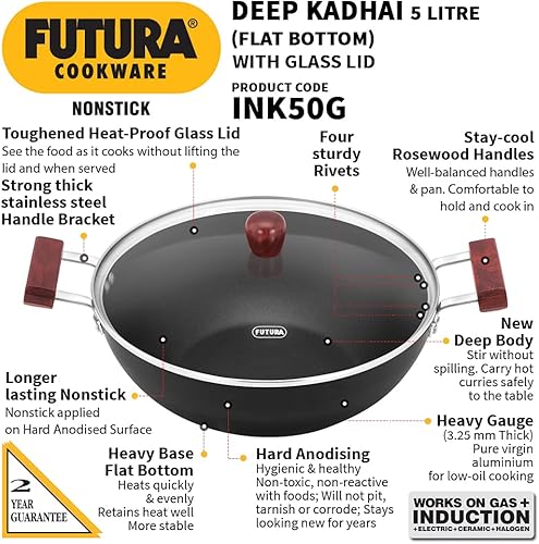 Miniatura 3 de Hawkins Futura Kadhai de 5 litros de profundidad, Kadai antiadherente con tapa de cristal, fondo plano de inducción, Kadhai, color negro (INK50G)