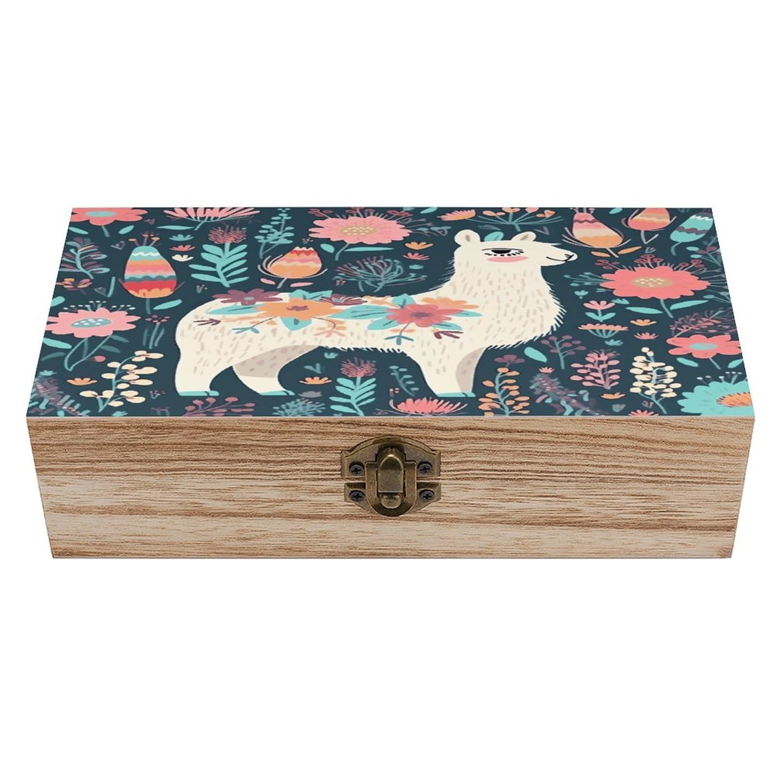 asbwuo Cute Llama Floral Wood Keepsake Box Wooden Box with Hinged Lid