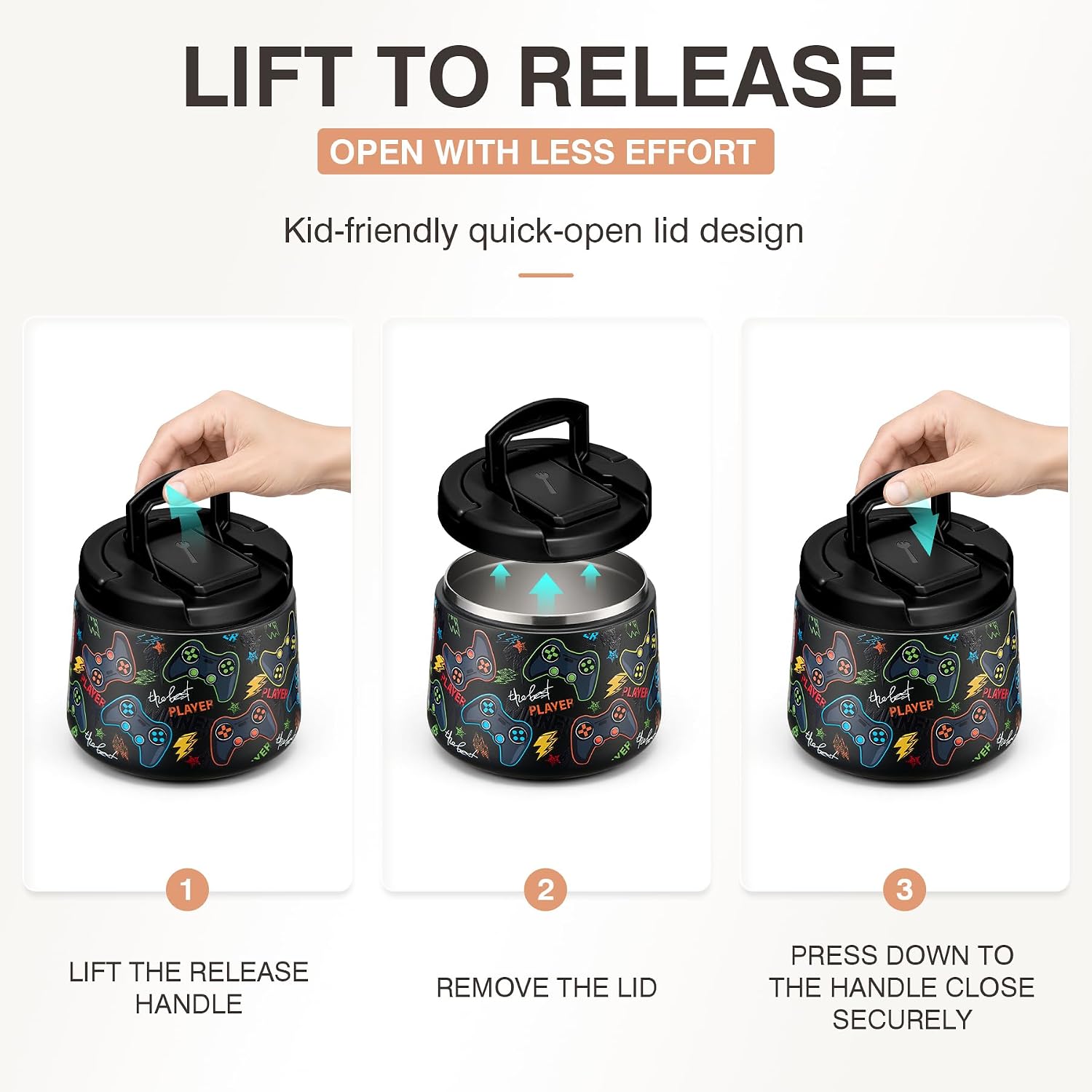 14oz Insulated Vacuum Food Jar with Buckle Lid,Soup Thermo for Hot Food Kids,Wide Mouth Leakproof Stainless Steel Lunch Container with Spoon-Black Game