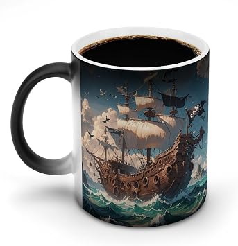 Coffee Mug 11 Oz Fantasy Pirate Ship Color Changing Mugs, Heat Changing Coffee Mugs with Handle, Heat Sensitive Magic Mug for Women Men Funny Ceramic Cup for Tea Latte Milk Cocoa