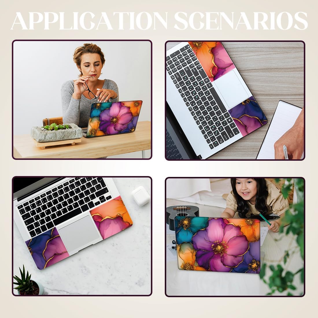 SUPERDANT Gold-Edged Flower Laptop Skin Exquisite Laptop Sticker PVC Computer Stickers Dustproof Waterproof Art Decal Protector 12" 13" 13.3" 14" 15" 15.4" 15.6" Notebook Art Decal Purple Orange