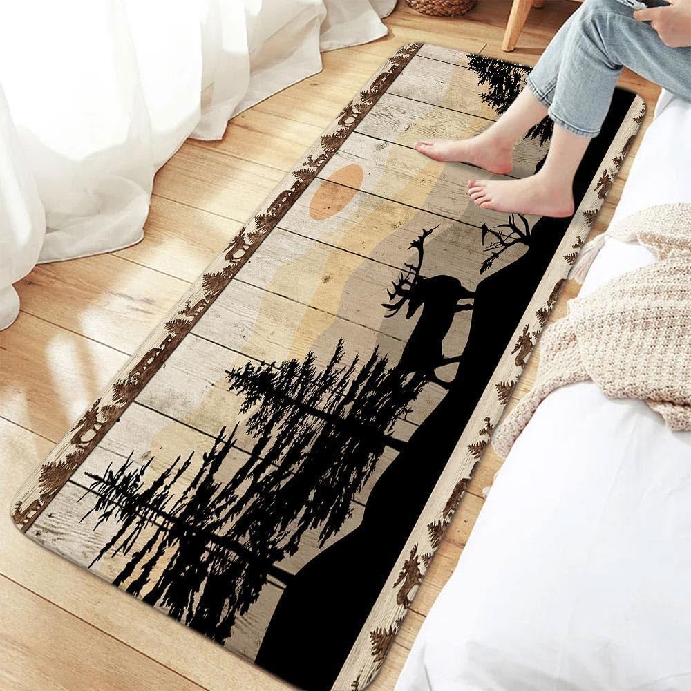 NYMB Rustic Cabin Bath Rugs for Bathroom, Cute Bear Deer Forest Print on Country Farmhouse Lodge Wooden Board Bathroom Rug Bath Mat Set Floor Mats, Wild Animas Vintage Doormat, (16X48) image 3