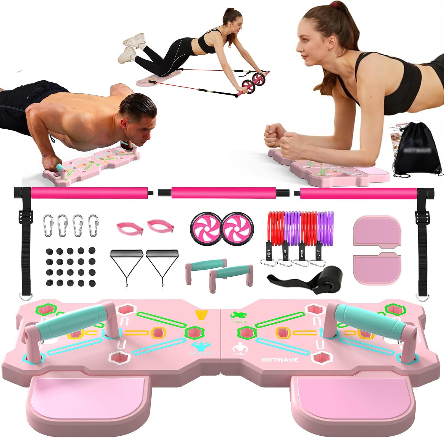 Push Up Board, Portable Pushup Board & Plank Trainer, Push Up Bar | Foldable Pushup Handles for Floor, Multifunctional Workout Equipment with 20 Gym Accessories for Men and Women at Home Gym