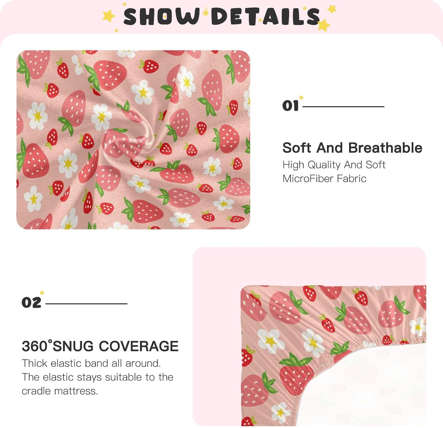 Fitted Crib Sheets Pink Strawberries Stretchy Portable Playard Sheets for Baby Toddler, Breathable Soft Mini Crib Mattress 39 x 27 in for Boys and Girls