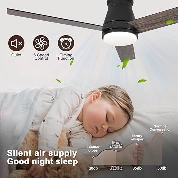52 Inch Black Flush Mount Low Profile Ceiling Fan with LED Lights and Remote Control, 6 Speed, 3 Reversible Blades, Quiet for Bedroom, Living Room