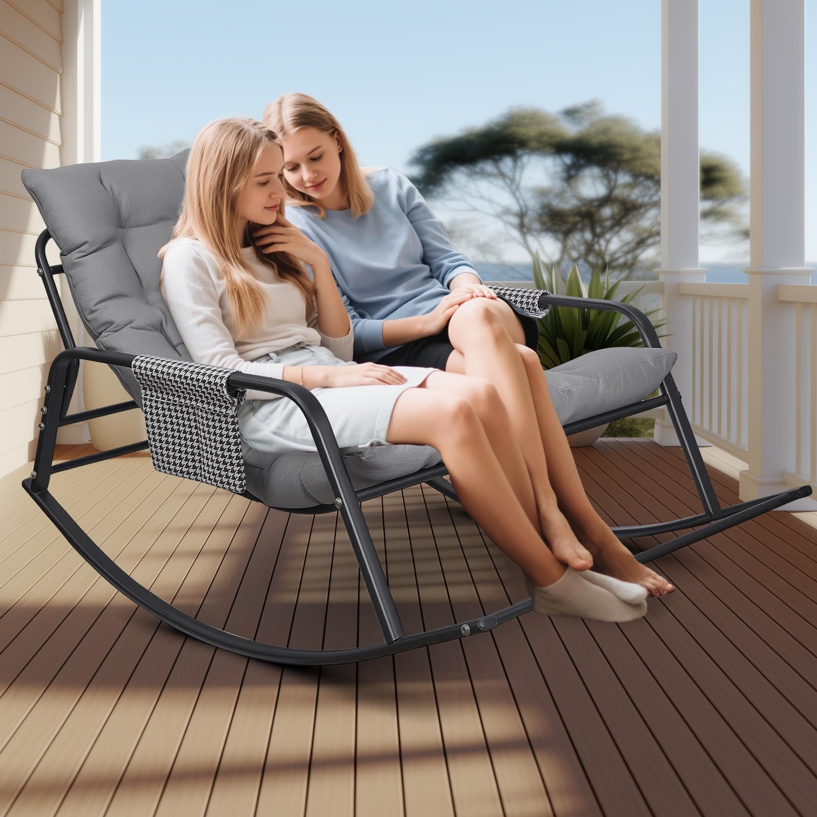 Silla Mecedora, Carga 150 kg, Sillon Mecedora Salon Extra Grande con Cojín Acolchado, Rocking Chair Marco de Metal, Sillón Relax para Adulto Salón, Dormitorio, Interior y Exterior (Gris)