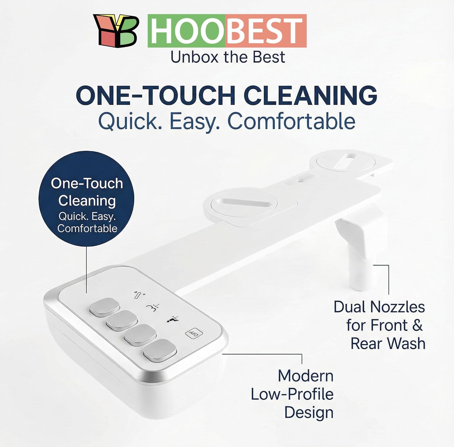 Bidet Attachment – Non-Electric Fresh Water Toilet Bidet with One-Touch Start/Stop Cleaning, Adjustable Water Pressure, Self-Cleaning Front & Rear Nozzles, 5-Min Easy Installation (White)