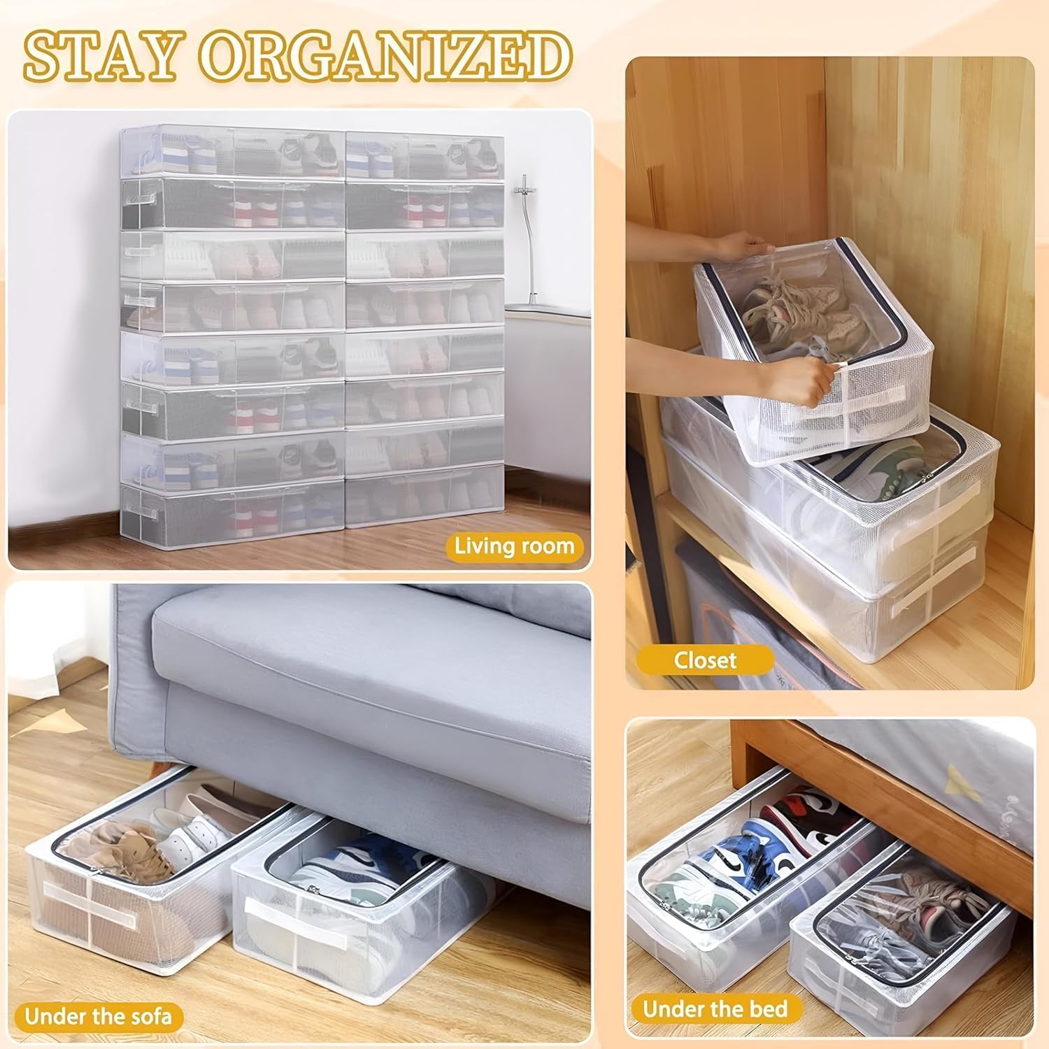 CAPSEA Shoe Storage Box, Shoe Organizer for Closet, Clear Plastic Stackable Shoe Boxes, Space Saving Foldable Sneaker Shoe Rack Containers Bin Holder (1), 60 x 30 x 15 Cm (PACK OF 1)