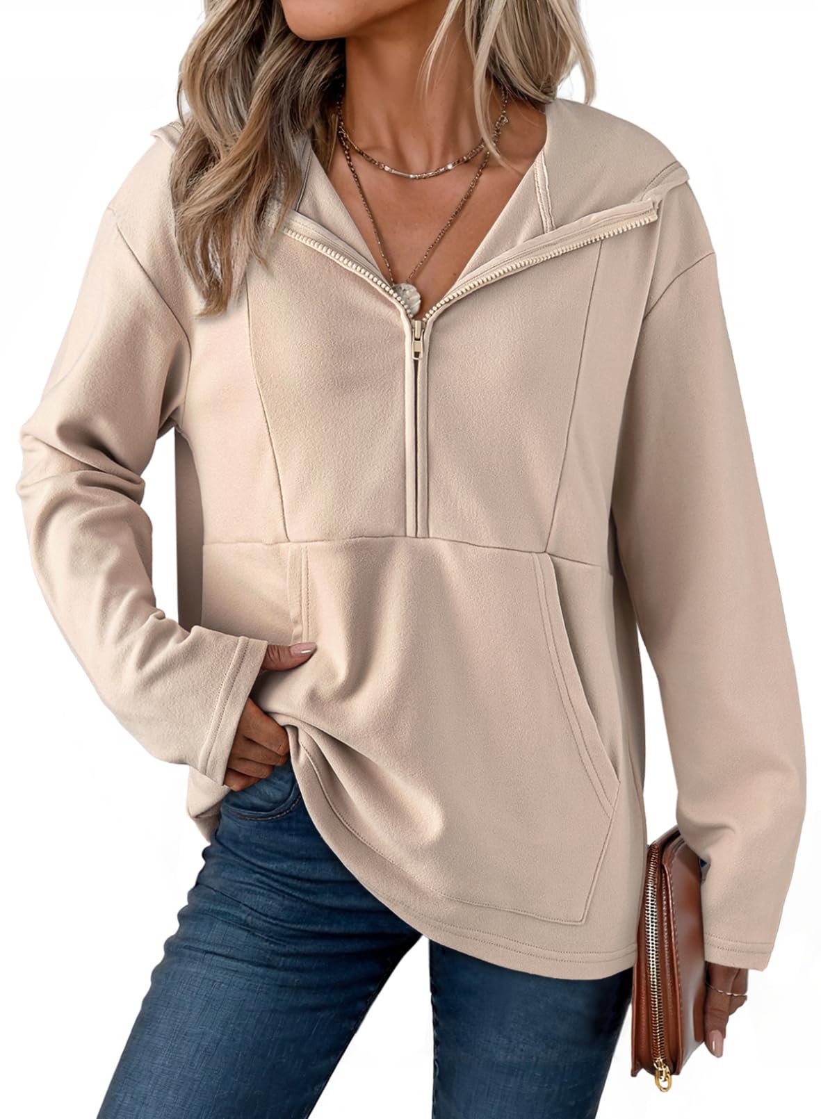 Dokotoo Kapuzenpullover Damen Hoodie Oversize Langarm Reißverschluss Half Zip Pullover Sweatshirts mit Taschen Oberteil Warm Weich Fleece Herbst Winter Lässig Hoodies Oberteile S-XXL