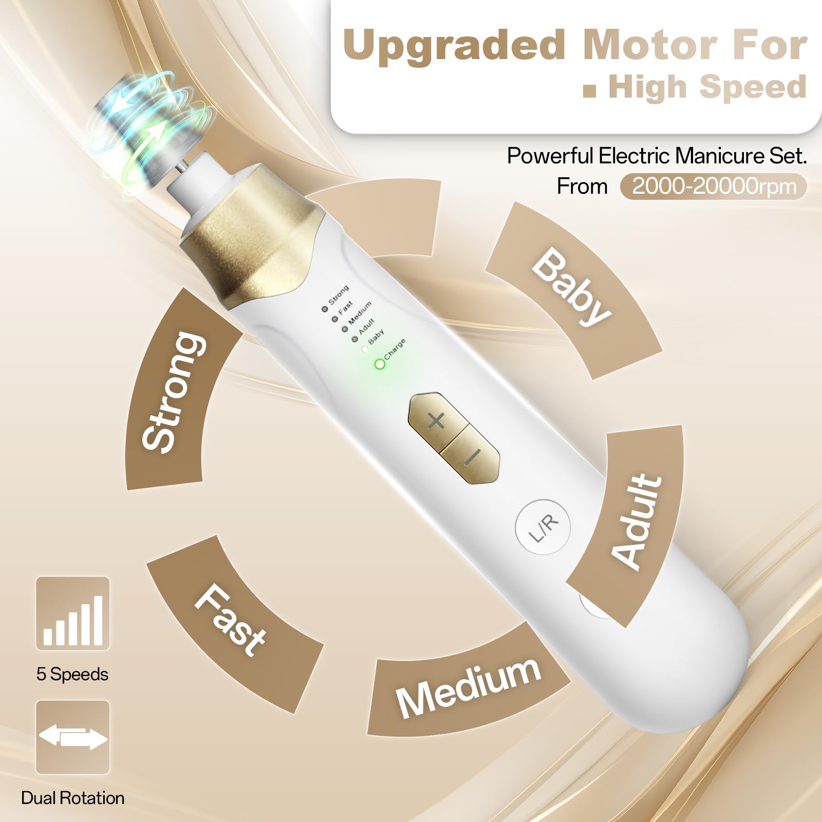 Lima elettrica per unghie, senza fili, 2000 mAh, ricaricabile, elettrica, portatile, per manicure acrilica e unghie spesse, levigatrice professionale (dorata)