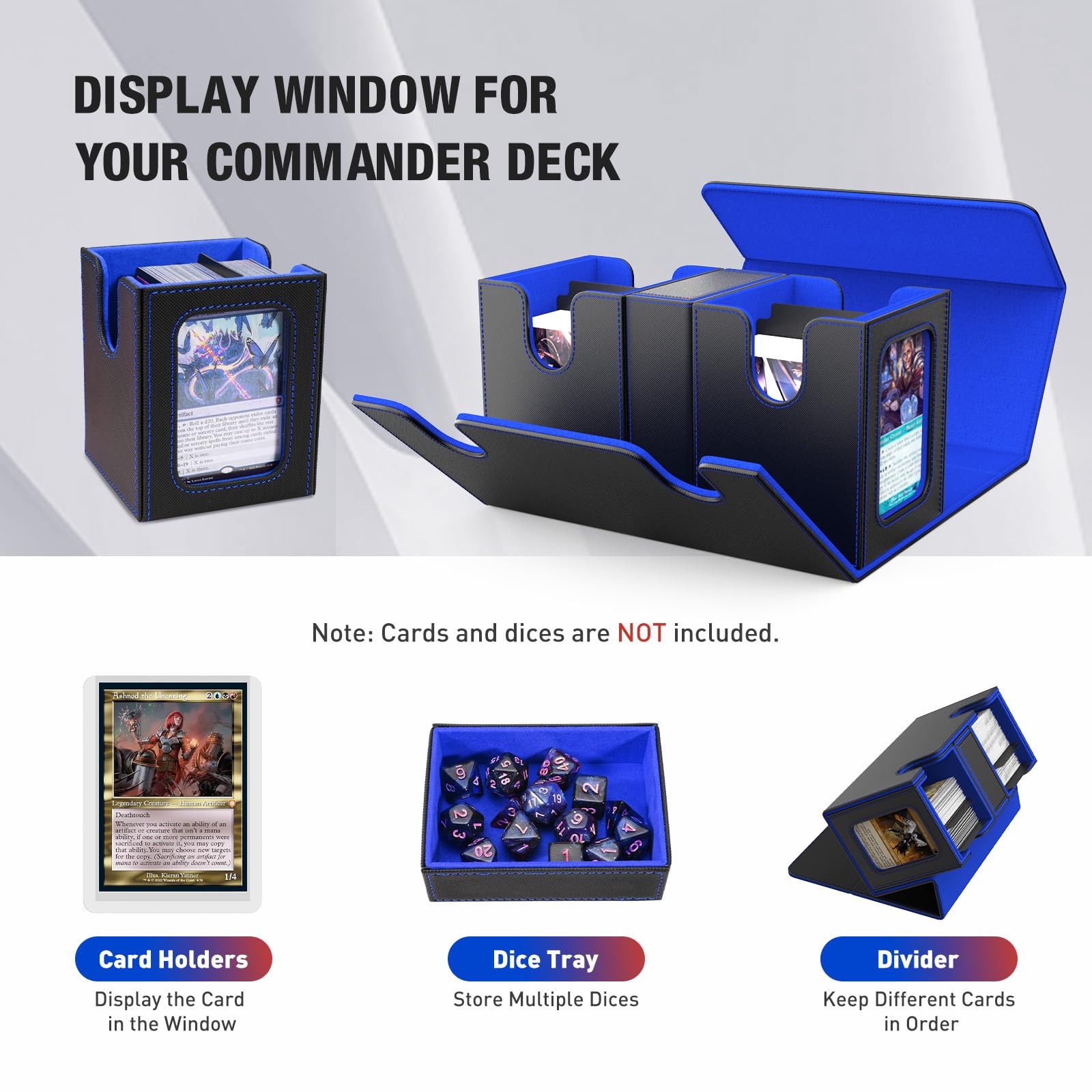 TiMOVO Scatola Porta Mazzi di Carte Magic, Scatola Magnetica con 2 Commander Display e 4 Divisori per 200+ Carte e 1 Vassoio per Dadi, Deck Box in Pelle per Carte Magiche MTG YuGiOh TCG CCG, Nero+Blu