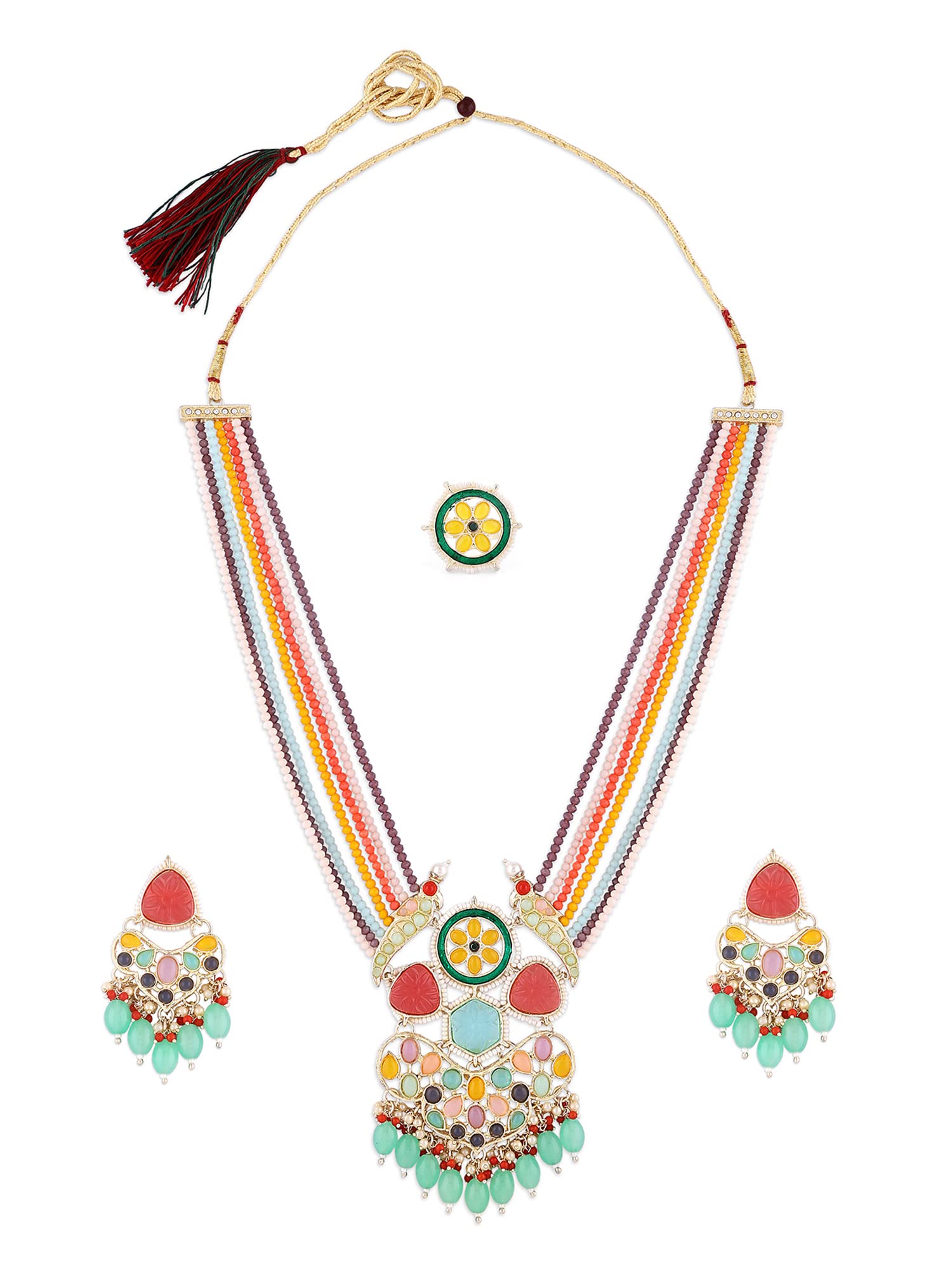 ZAVERI PEARLS Multicolor Stones Multistrand Crystal Beaded Long Necklace Earring Ring Set For Women-ZPFK16085 (B0C4TT2HN9) Amazon Price History, Amazon Price Tracker