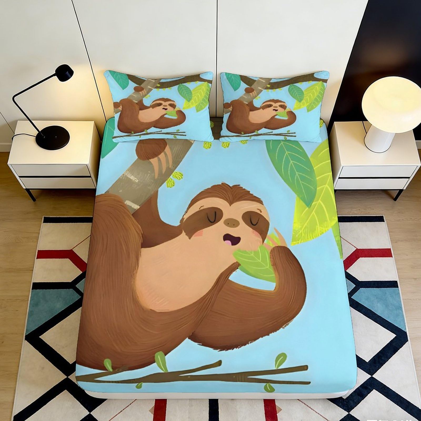 3D Printed Sloth Pattern Fitted Sheet Microfiber Soft Breathable Jungle Leaves Bed Cover for Bedroom Dormitory Guest Room Mattress Protection Decor 160x200x25cm