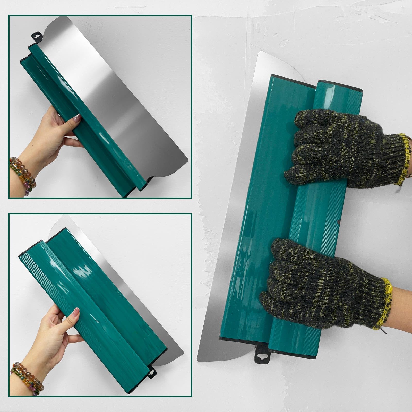 Hoja de desnatado para paneles de yeso, hoja de acero inoxidable de 0.4 mm, paleta de yeso alisadora y derribada para decoración de pared de área de trabajo (verde-16 pulgadas)