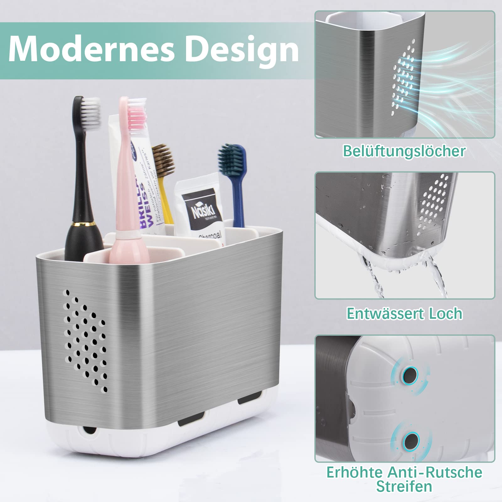 Porte Brosse à Dents Amovible Avec Porte-savon - Organisateur Salle De Bain Antidérapant | 5 Compartiments | Drainage Facile | Pour Lavabo, Douche, Buanderie