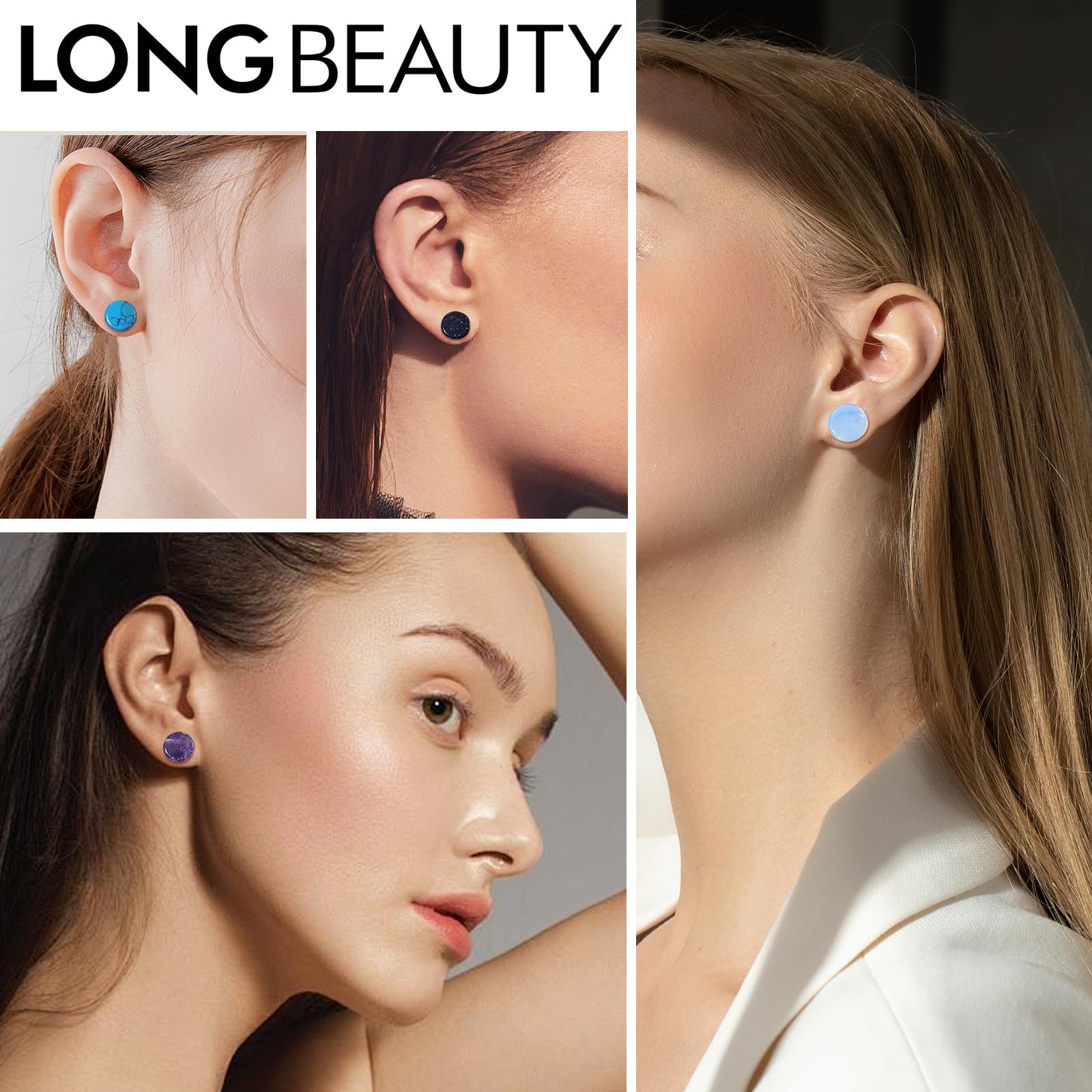 Longbeauty Set di 22 piercing per orecchio in pietra naturale, 6 mm - 16 mm, Pietra