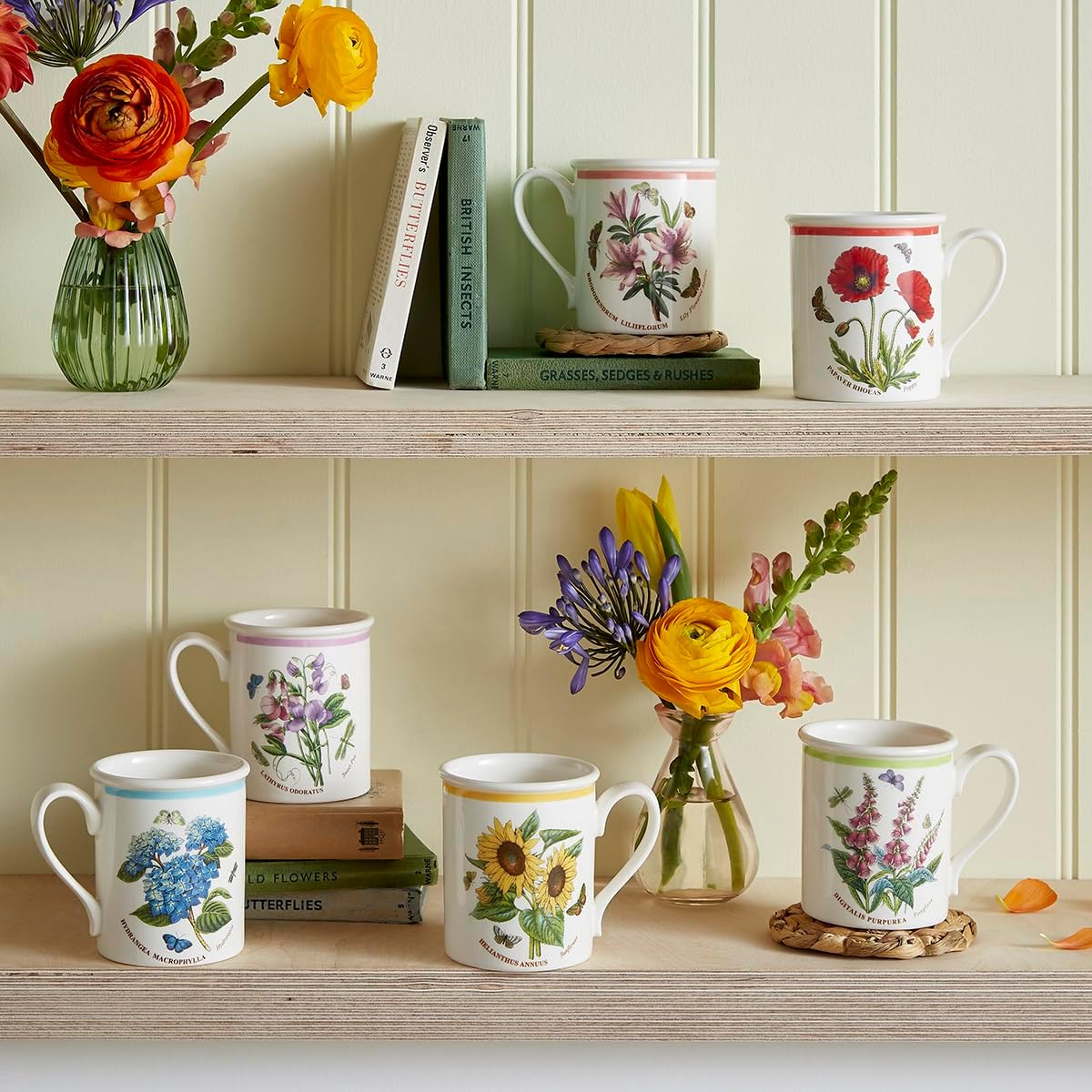 Portmerion Botanic Garden Meadow - 8.5oz Coffee Mug (Set of 6) | Assorted Florals with Colorful Laurel Leaf Border| Earthenware | Microwave & Dishwasher Safe | Breakfast Cups for Tea or Coffee