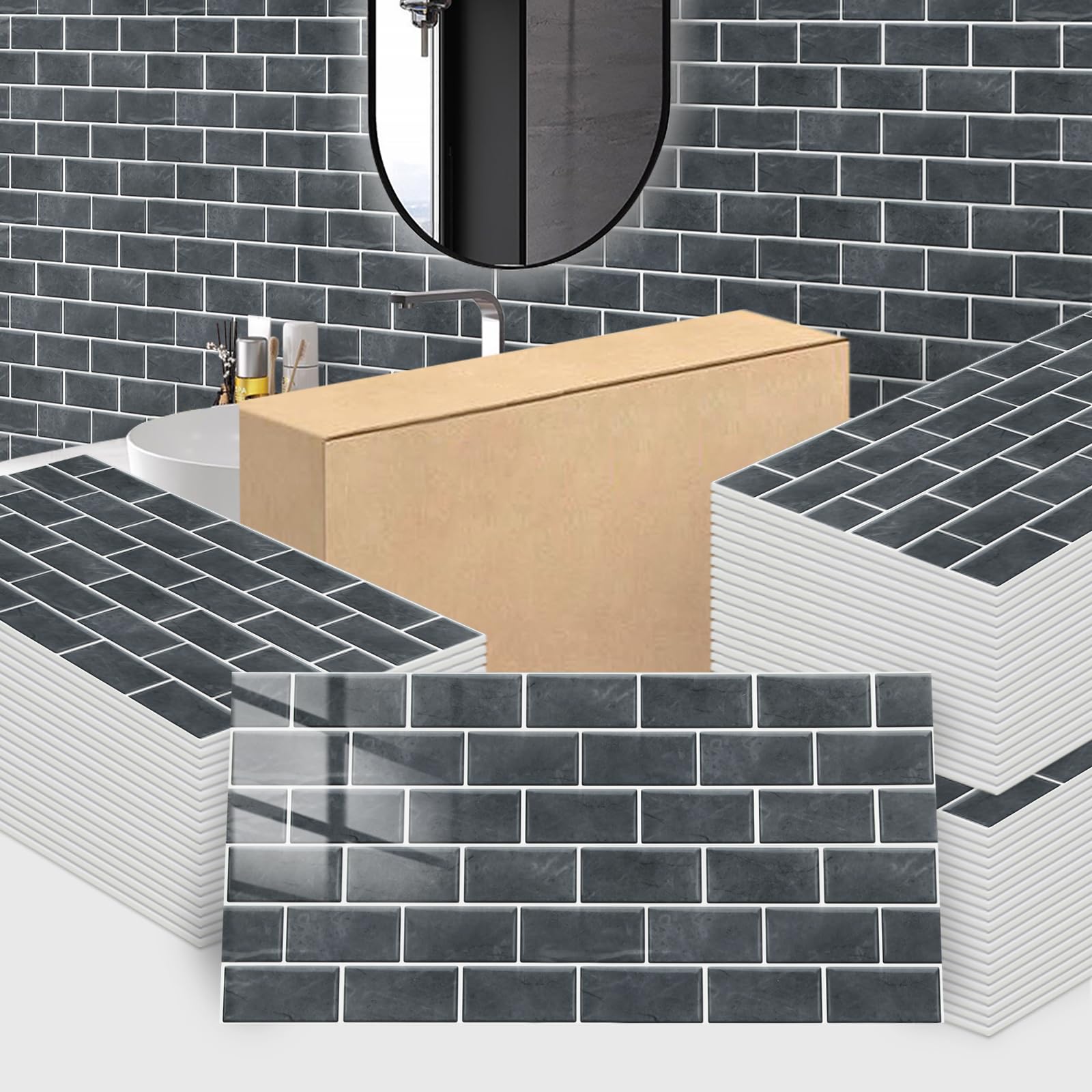Trafagala 30Pcs Brick Black Marble Tiles 60x30cm Thicken Self Adhesive Wall Tiles Waterproof Peel and Stick on Vinyl Tiles Stickers for Living Room Bedroom Bathroom Kitchen Splashback Panel Covering