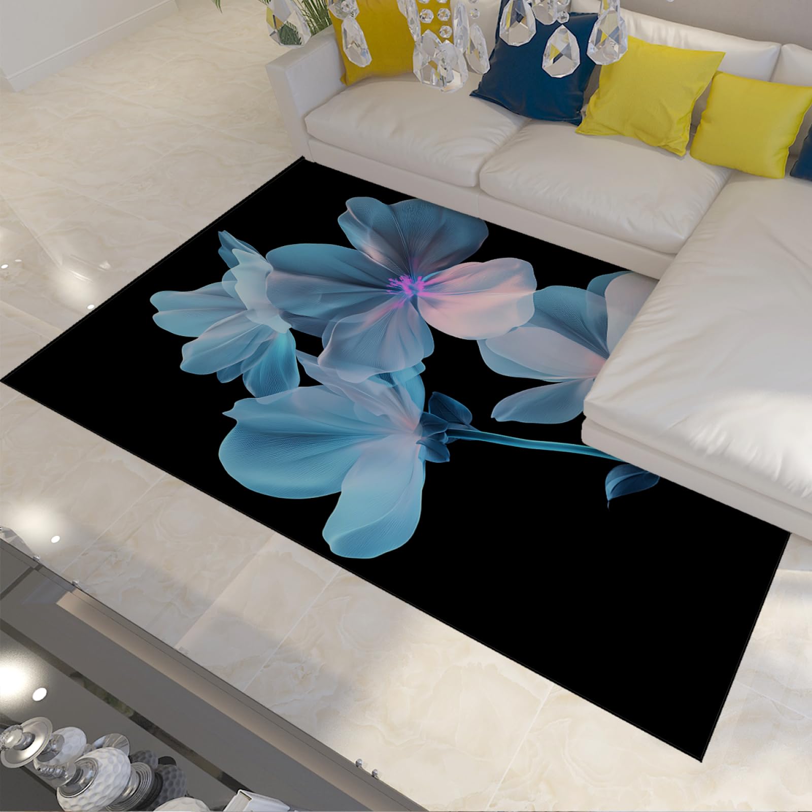 Tapis de sol décoration intérieure motif floral bleu pour salon
