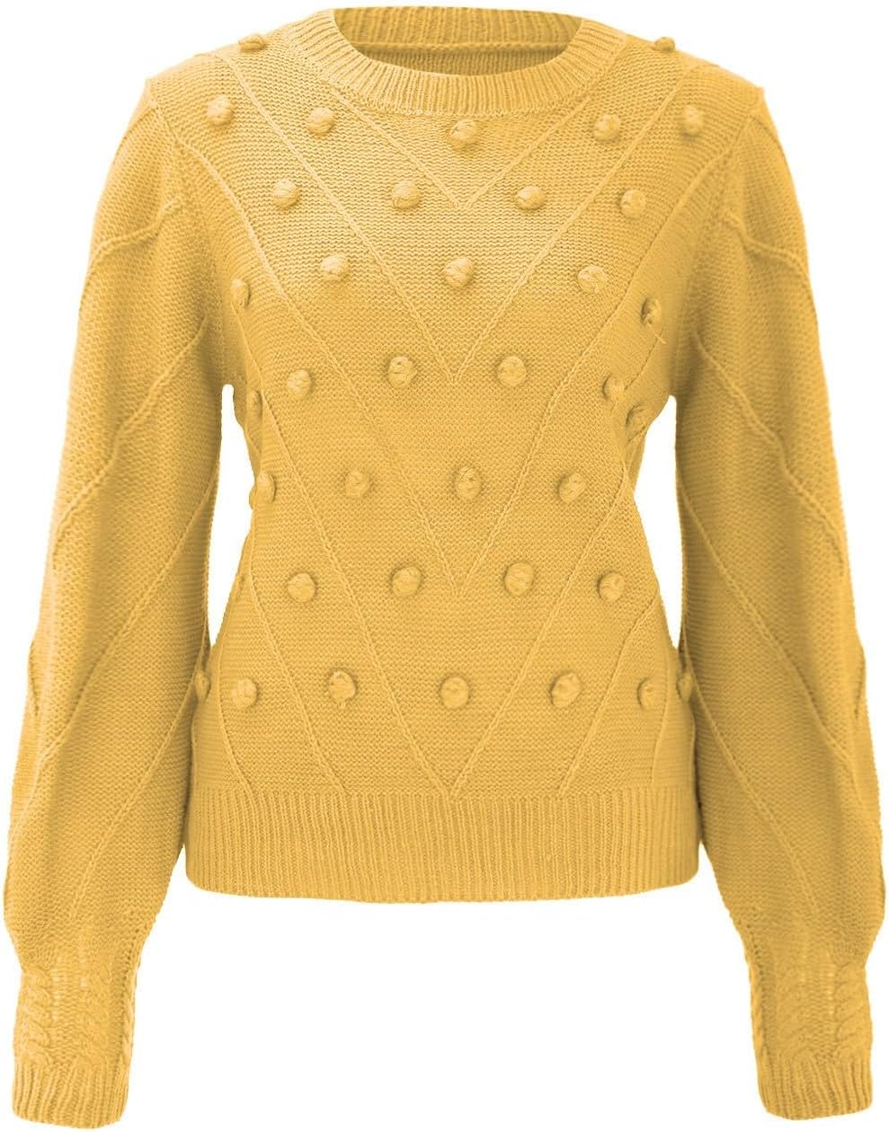Heevina Womens Sweaters pom pom Crewneck Solid Color Knit Sweater for Women Puff Long Sleeve Knitted Winter 2024