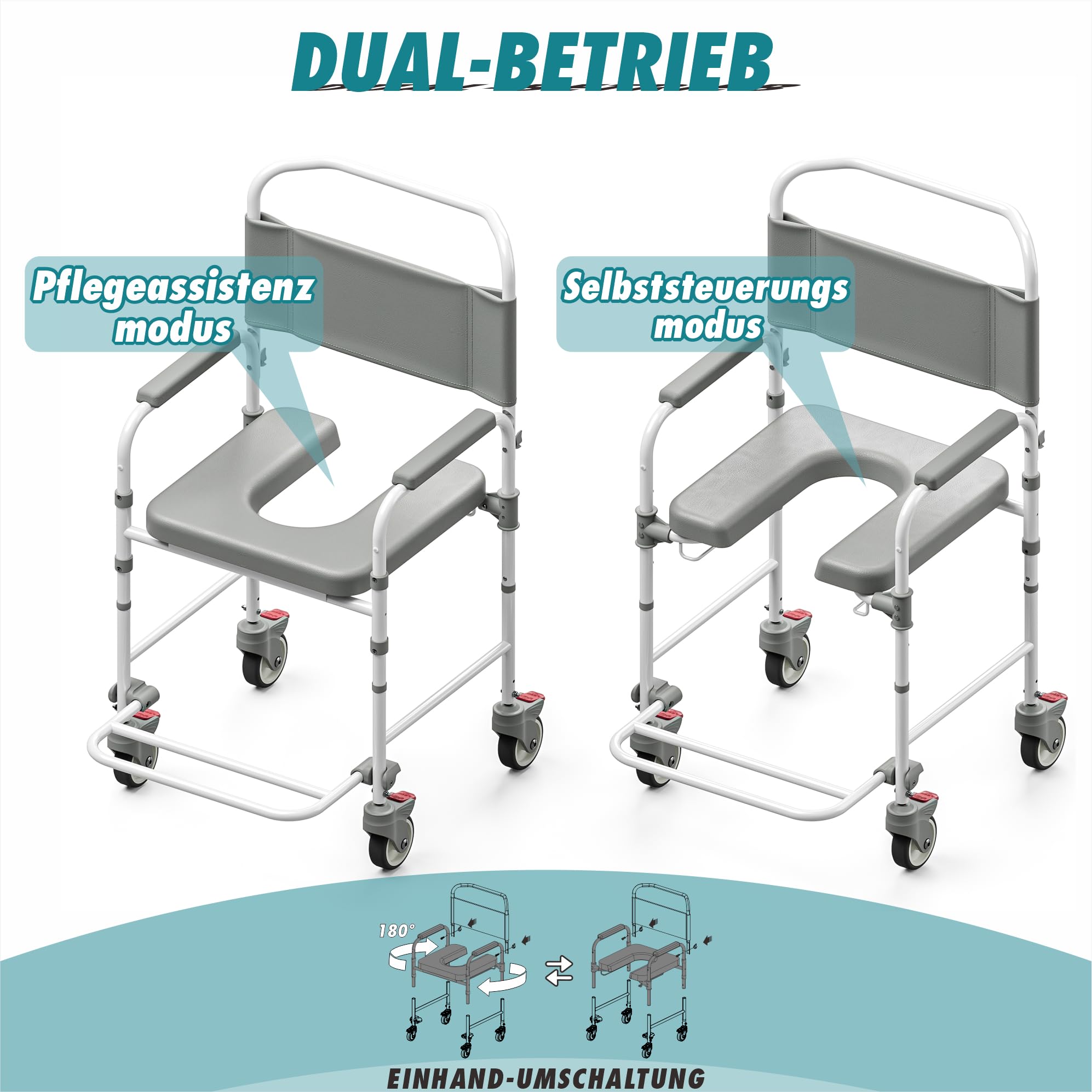 Toilettenrollstuhl & Duschstuhl 3-in-1 – Belastbar bis 120 kg – Mobiler WC-Stuhl mit Eimer & Fußstützen – Ideal für Senioren & Menschen mit Behinderung - Sicherer Nachtstuhl für Bad