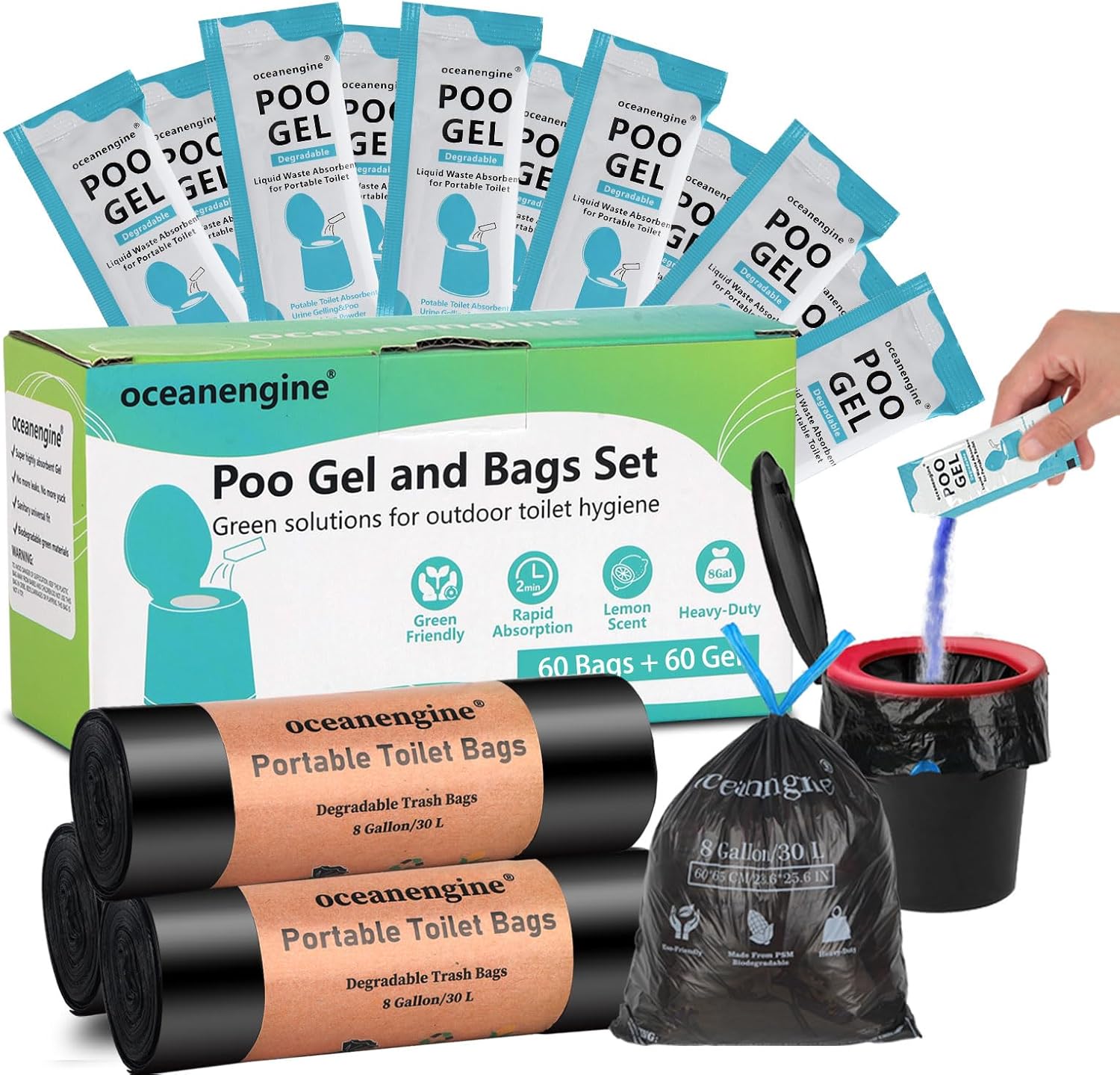 oceanengine Portable Toilet Bags Poo Gel Set, 8 Gallon Camping Toilet Bags with Portable Toilet Absorbent Gel, Compostable Portable Potty Bags for Camping Outdoor Hiking