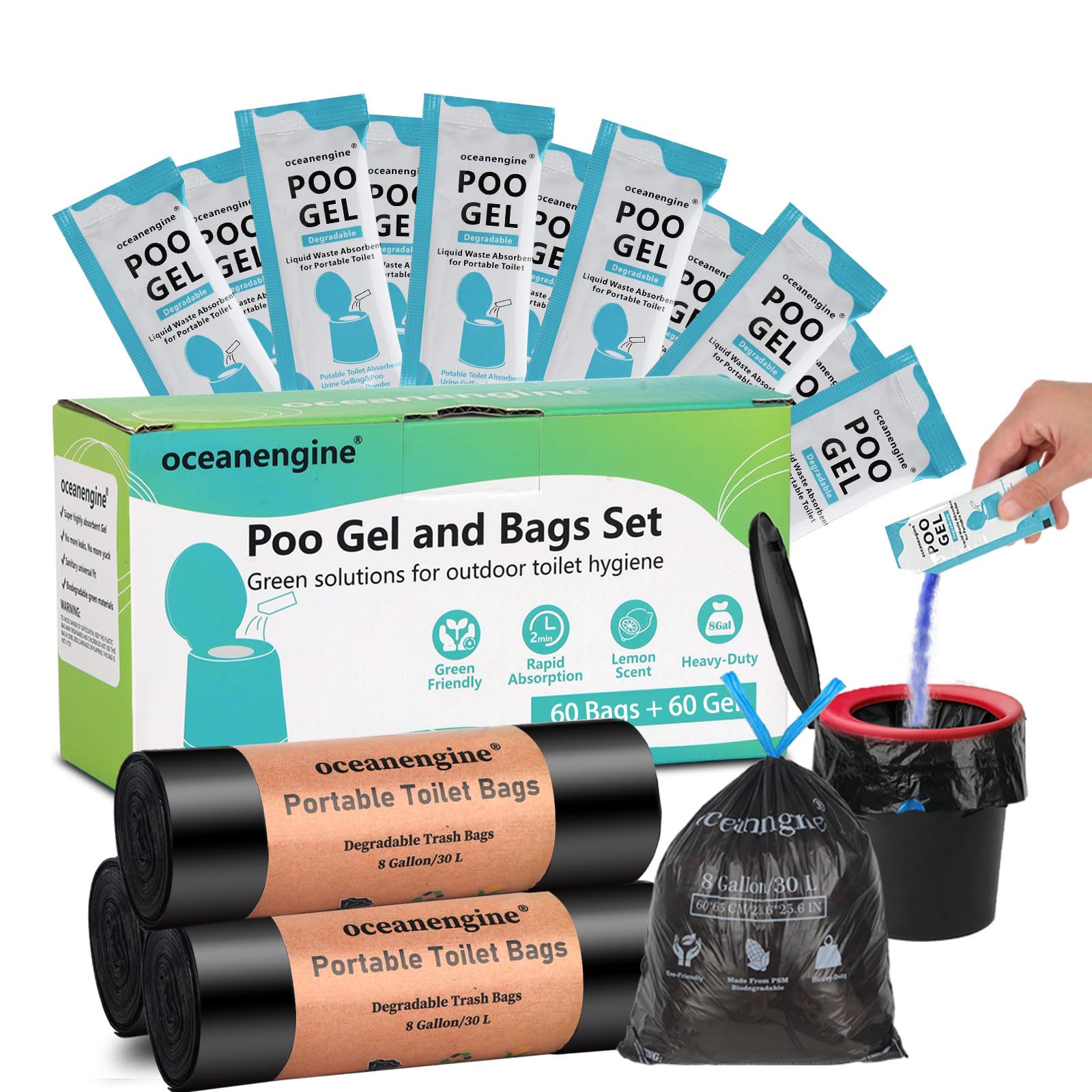 oceanengine Portable Toilet Bags Poo Gel Set, 8 Gallon Camping Toilet Bags with Portable Toilet Absorbent Gel, Compostable Portable Potty Bags for