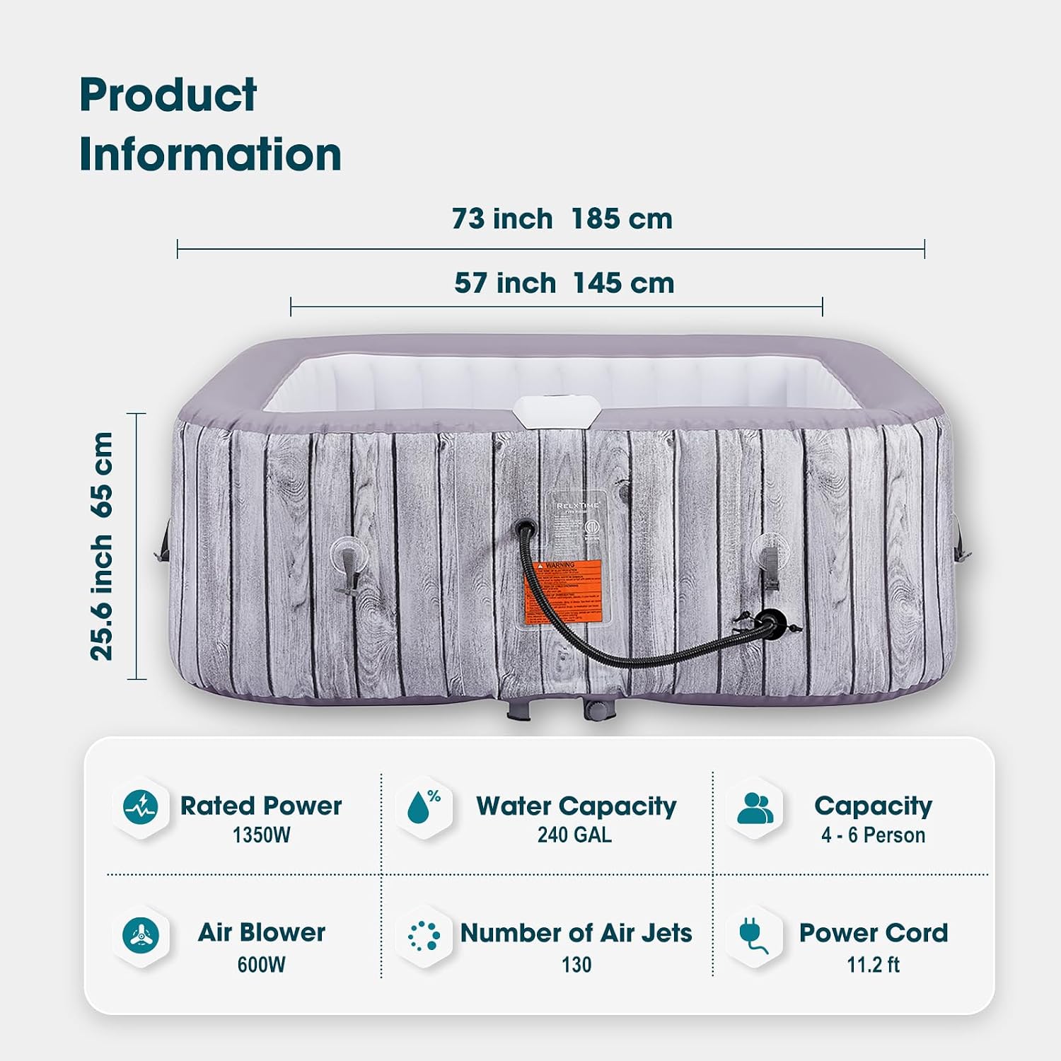 Inflatable Hot Tub 4 to 6 Person, Square Portable Outdoor Spa, 130 Air Jets Built in Heater Pump, Blow Up Hottub, Cup Holder