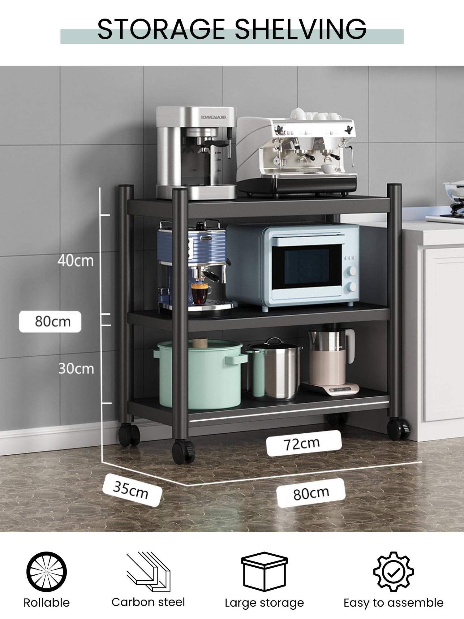 MAGIC SELECT Estantería para Almacenaje,Estante con Ruedas, Estantería de Pie,Repisa Metálica Multiusos, Mueble para Cocina, Baño, Habitación, Garaje, Salón con 3 Baldas de Almacenamiento.