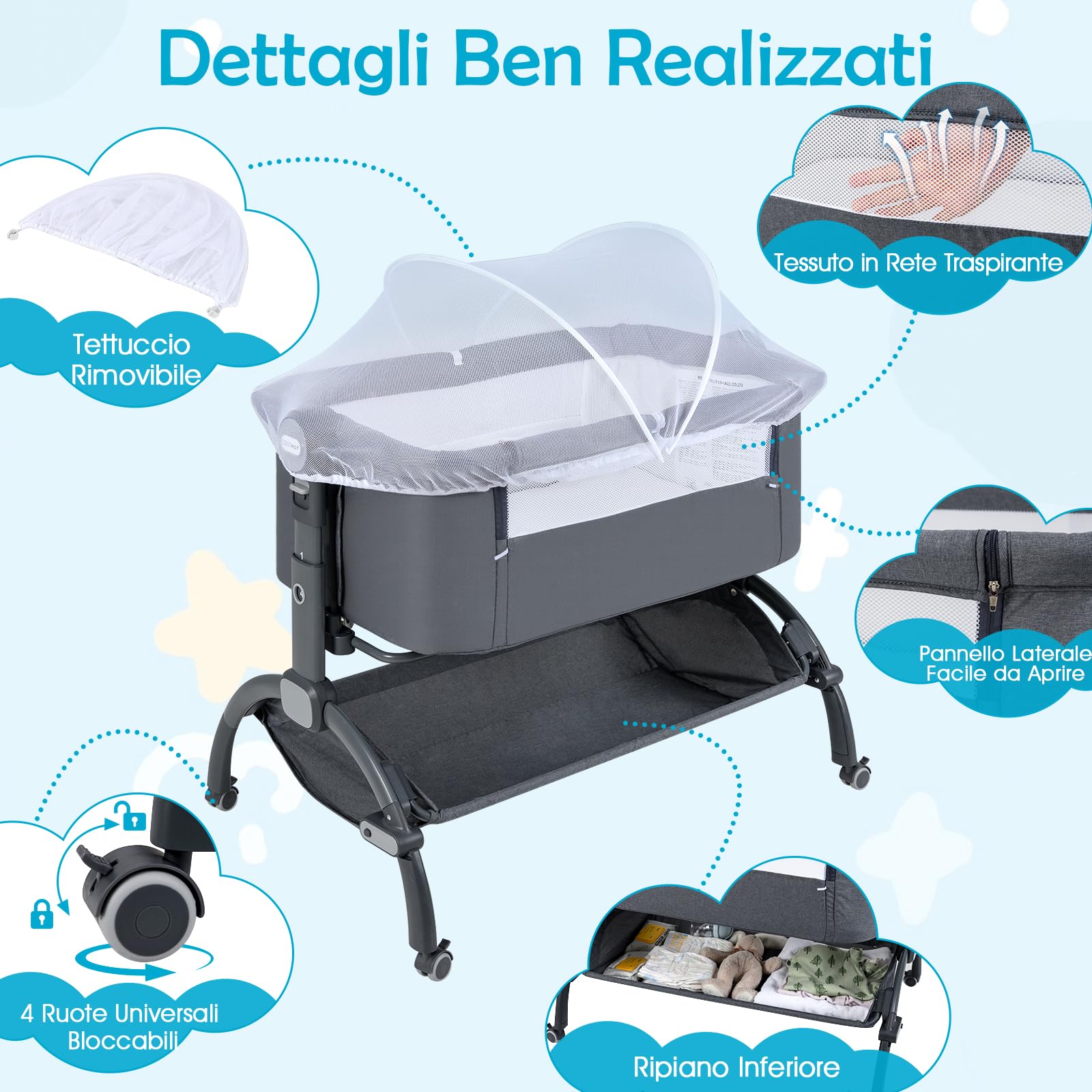 COSTWAY Culla Neonato, Culla Co-Sleeper Regolabile in Altezza a 7 Livelli, Ruote Bloccabili, Cesto Portaoggetti, Materasso e Baldacchino, Lettino Portatile e Pieghevole per Neonati 0-6 Mesi (Grigio)