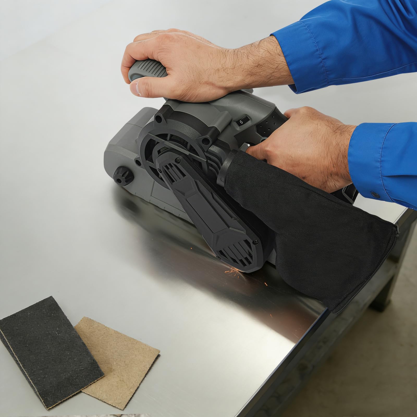 Lijadora de banda, 1200 W, sin escobillas, 6 niveles, 76 x 533 mm, para madera y metal | 180-300 m/min, bolsa para el polvo, asas ergonómicas, ABS resistente, para pulir y eliminar el óxido
