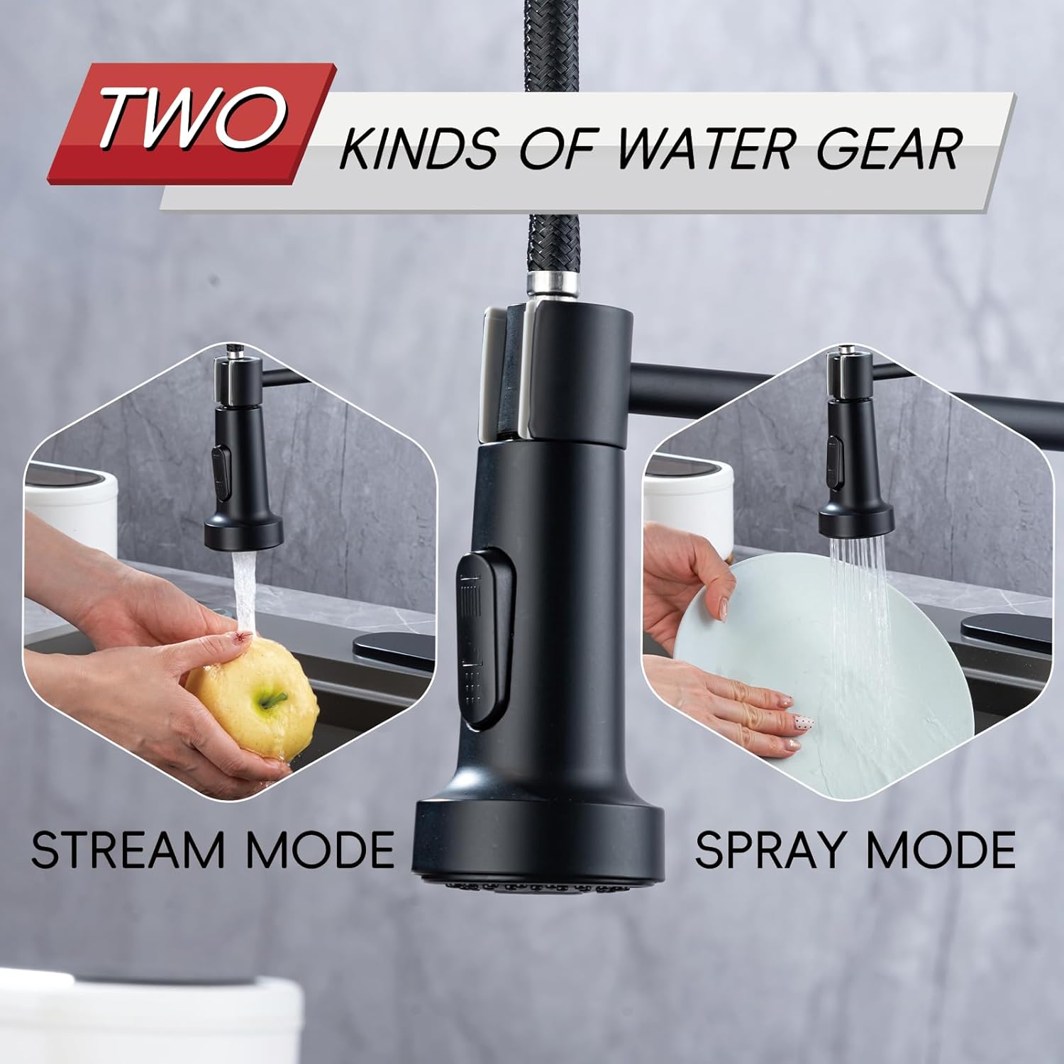 Black Kitchen Faucet with Pull Down Sprayer, Single Handle Kitchen Sink Faucet, High Arc Faucet with Deck Plate, 2 Spray Modes, 360° Swivel, 1 or 3 Hole, Design for RV Laundry Farmhouse Bar