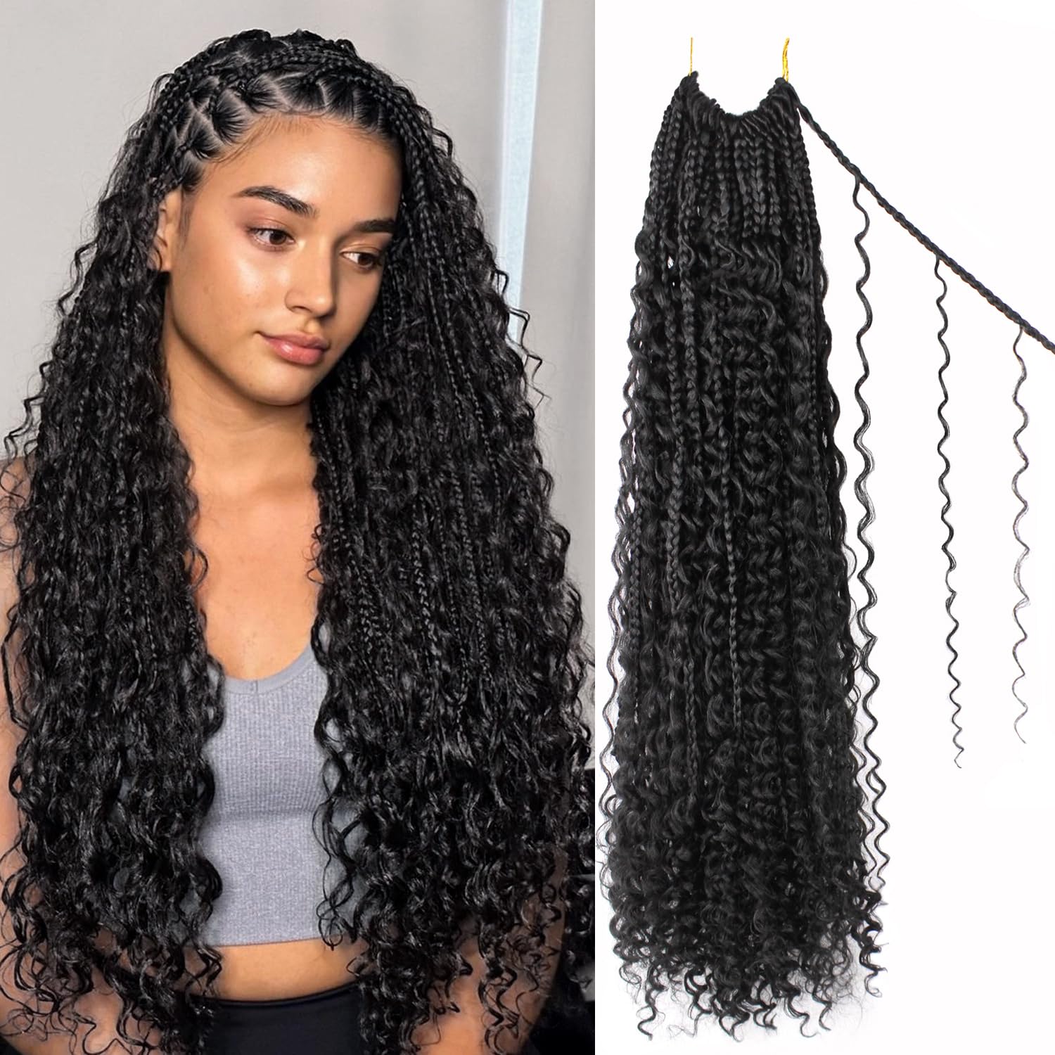 Boho Crochet Braids Human Hair 7 Packs 24 Inch Crochet Boho Box Briads With Human Hair Curls Boho Crochet Braids Pre looped Bohemian Goddess Box Braids Crochet Hair For Women(24 inch 7 packs,1B)