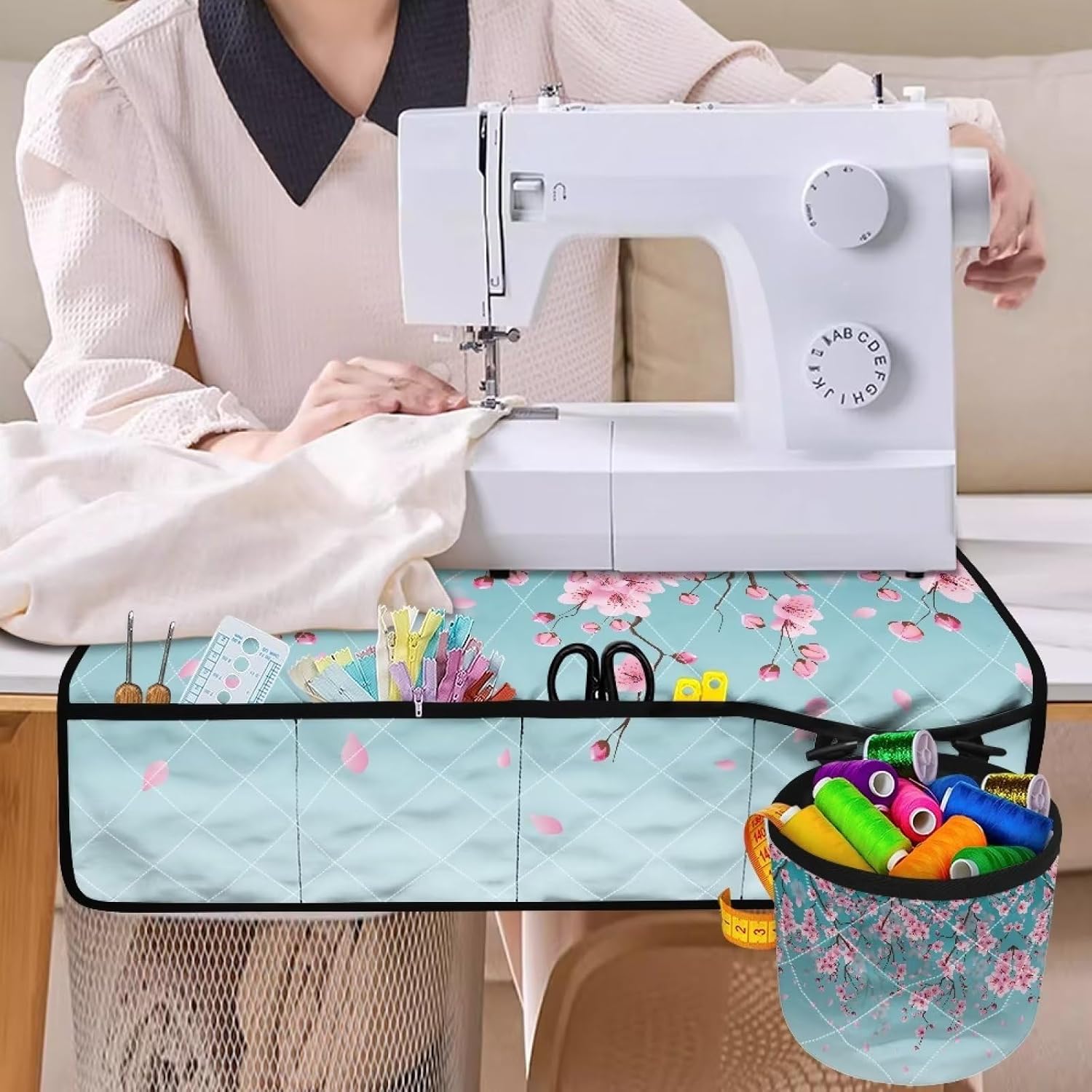 Peach Blossom Sewing Machine Mat with Pocket Durable Muffling Mats to Reduce Vibration Noise Movement Sewing Accessories Organizer Thanksgiving Decor